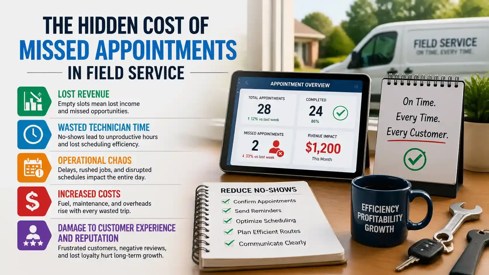 Infographic showing hidden costs of missed appointments in field service.